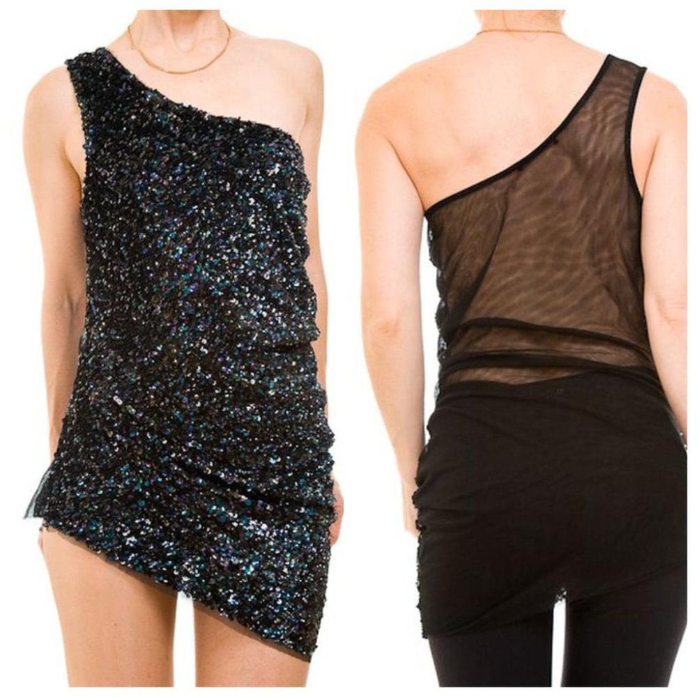 NWT Patrizia Pepe Sequin One Shoulder Asymmetrical Top Tunic Mesh S 42